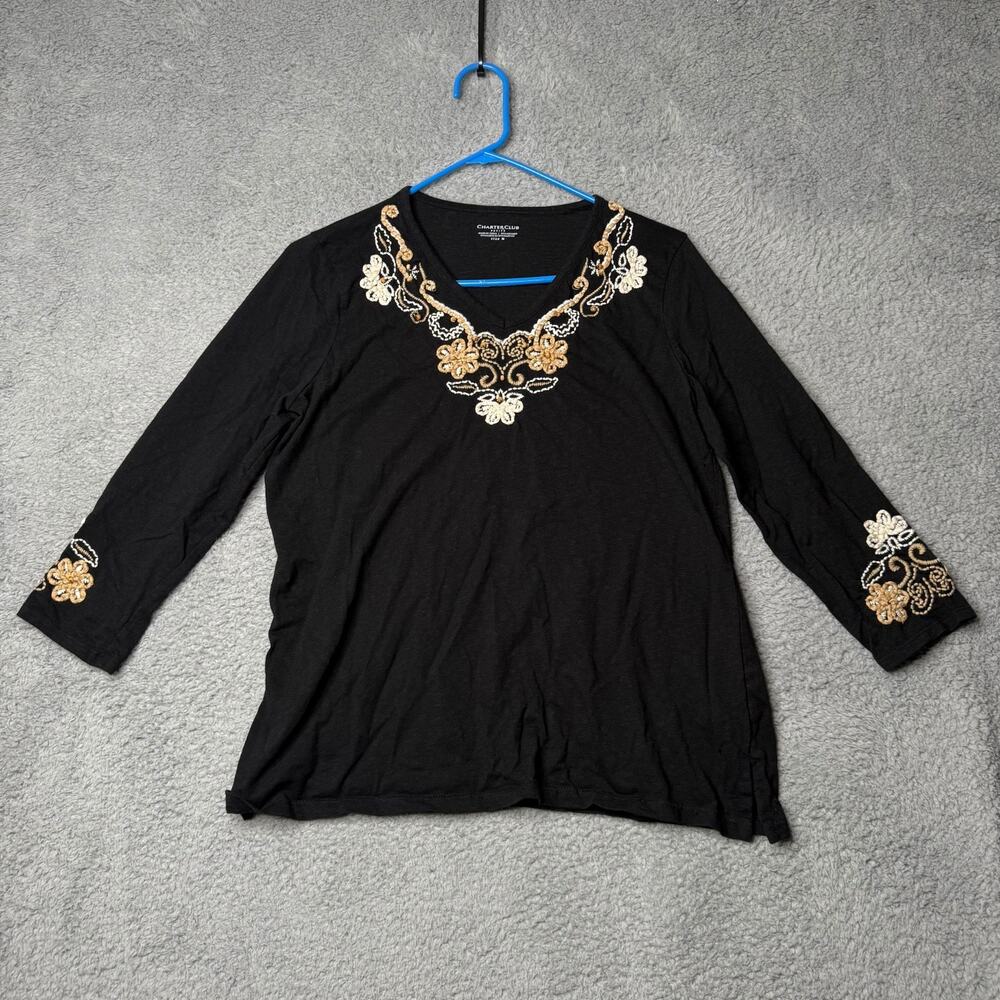 Vintage Charter Club Blouse Women's Petite Medium Black Floral Embroidered
